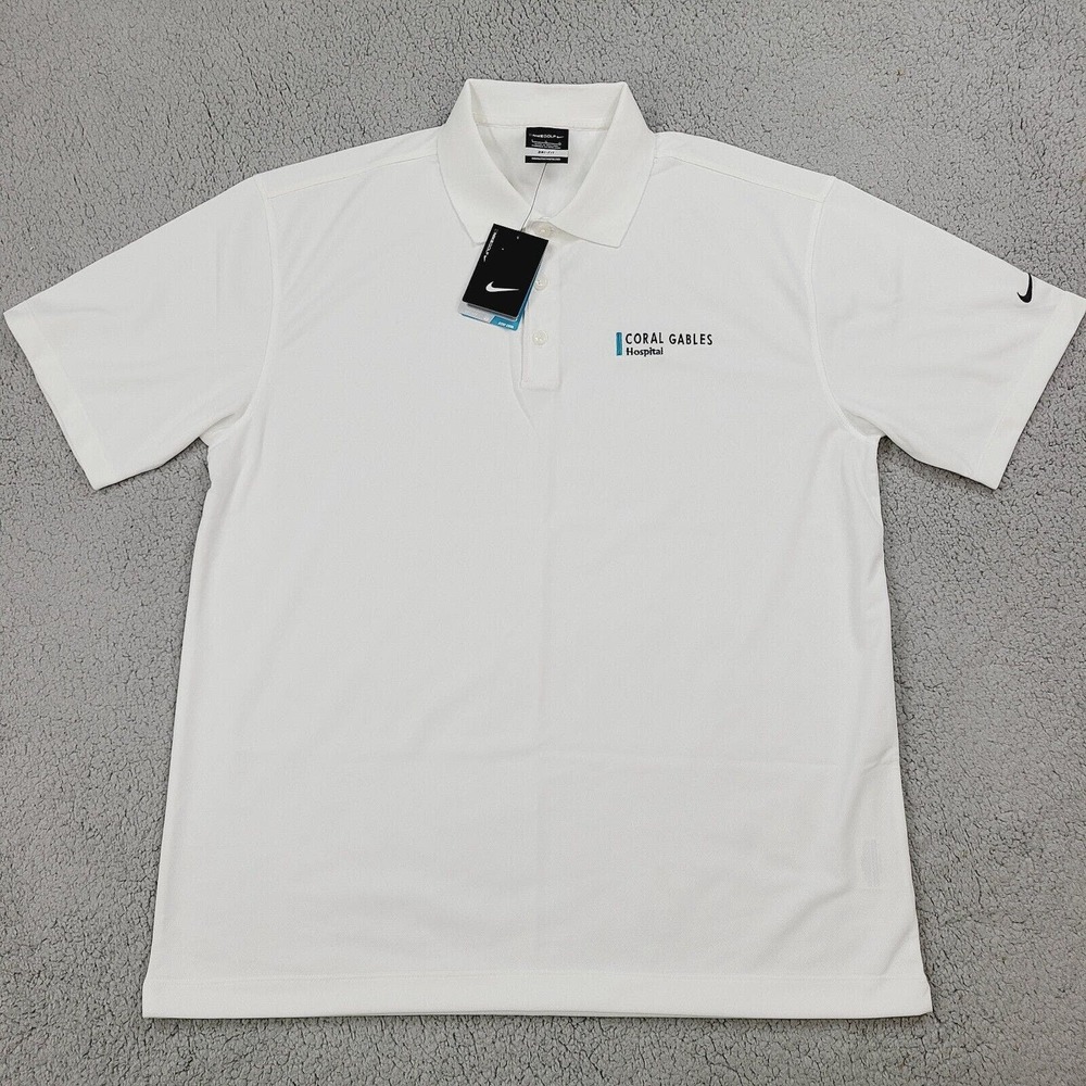 Nike Polo Shirt Mens Large White Dri-Fit Golf Swoosh Coral Gables Hospital Logo